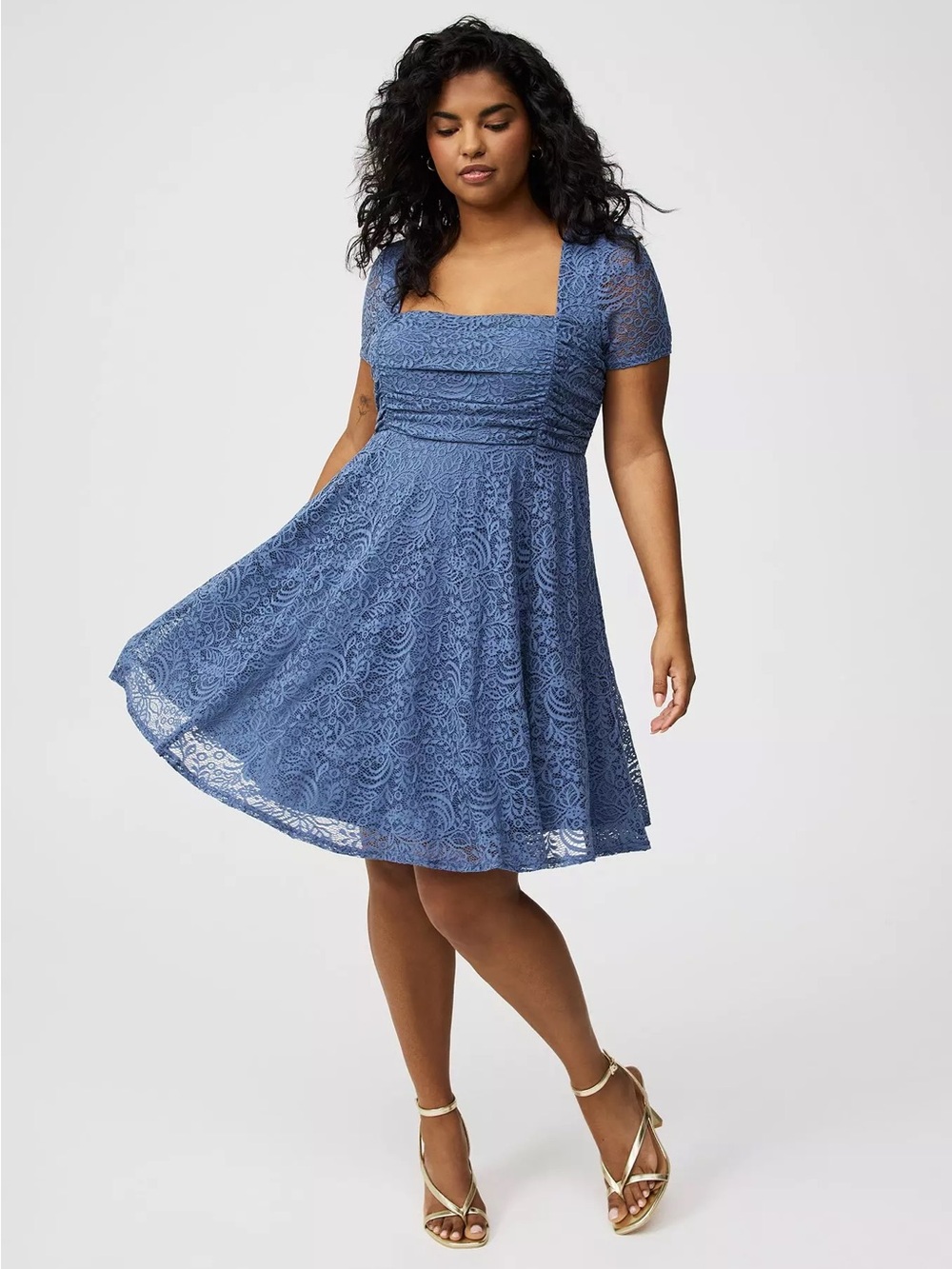 Torrid Mini Ruched Lace Dress Square Neck in Blue Horizon Size 0X / Large